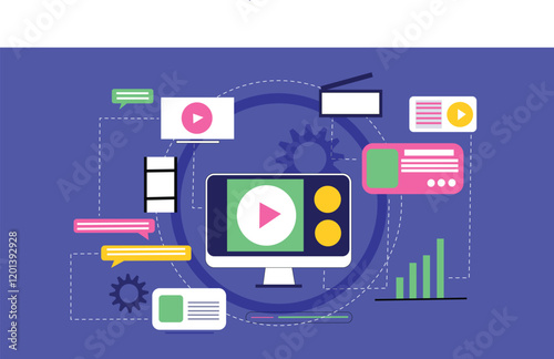 Video Streaming Concept with Interactive Interface and Analytics Illustration A streaming interface displaying video content with overlays of real-time analytics, including viewer count, likes, and en