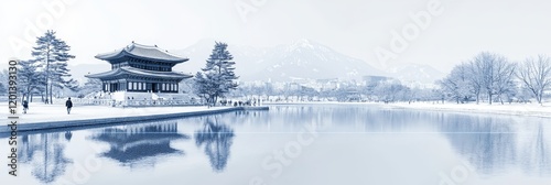 Snowy Winter Day Scene at an Elegant Asian Building on a Frigid, Snowy Lake. Serene Snowy Mountain