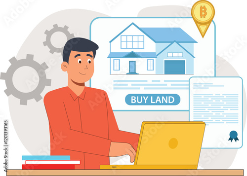 Blockchain Technology for Buying Land Illustration with Cryptocurrency Depicts a digital ledger and cryptocurrency symbols facilitating land transactions.