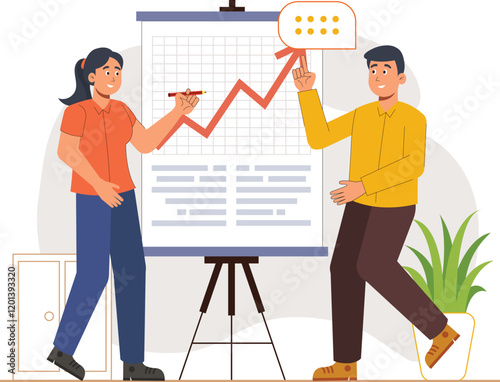 Business Meeting Illustration with Growth Chart and Presentation Discussion Illustrates a presenter explaining a growth chart to a team in a formal setting.