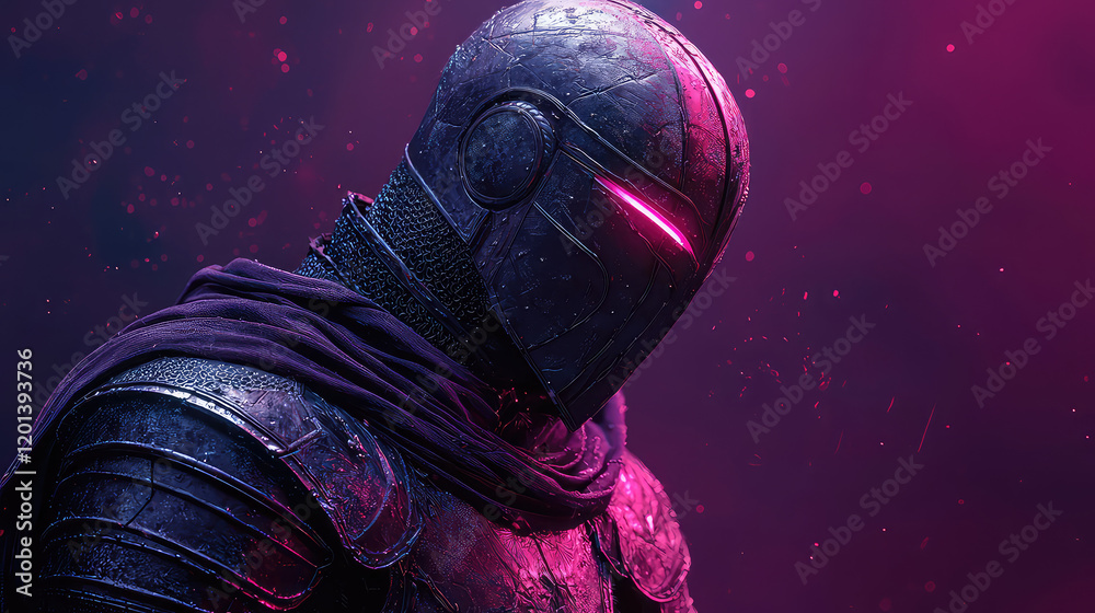 Fototapeta premium Futuristic knight in dark armor with glowing visor, set against a purple background with particles.