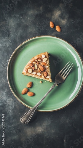 Hyper-quality professionnal photography, ultra detailed, Nutty Almond Butter Cake with toasted almonds and glaze, styled on a sleek green plate, rich and comforting high resolution