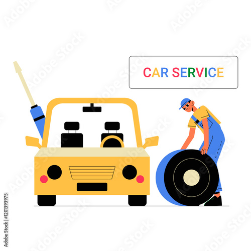 Yellow Car With A Male Mechanic Changing A Tire In Flat Vector Illustration Symbolizing Car Repair, Maintenance, And Automobile Service, Isolated On White Background.