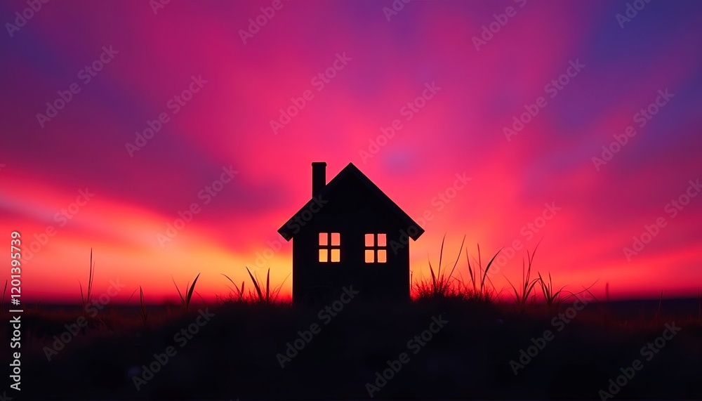 Silhouette of a house at sunset, glowing windows against vibrant sky. A symbol of home, dreams, and new beginnings. Silhouette of a house at sunset, glowing windows against vibrant sky. A symbol of home, dreams, and new beginnings.