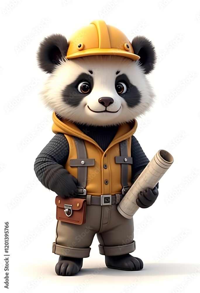 Fototapeta premium Adorable Panda Construction Worker with Blueprint