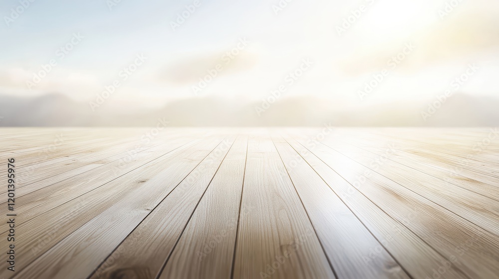 Peaceful wooden dock or pier stretching out towards a serene calm seascape with a glowing hazy horizon line Minimal simple Peaceful wooden dock or pier stretching out towards a serene calm seascape with a glowing hazy horizon line Minimal simple
