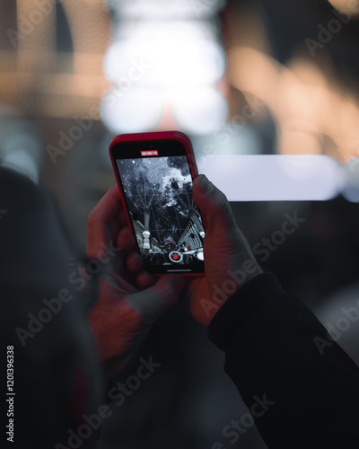 Man taking photo of the roof of the fremont street experience photo