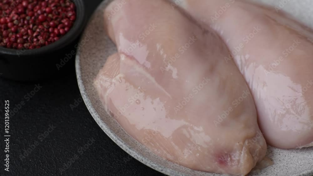 Fresh chicken fillet on a dark concrete table with spices and herbs. Preparation for cooking meat dishes Fresh chicken fillet on a dark concrete table with spices and herbs. Preparation for cooking meat dishes