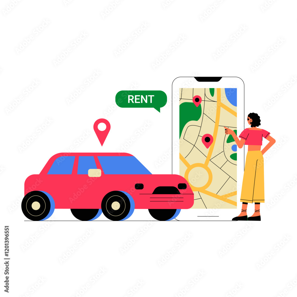 Naklejka premium Car Rental Application With Red Car And Female Character On Smartphone Map In Flat Vector Illustration Symbolizing Navigation, Travel, And Convenience, Isolated On White Background.