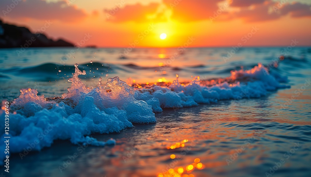 Ocean waves at sunset. Golden hour light reflects on the sea foam as it gently crashes on the shore. A picturesque beach scene. Ocean waves at sunset. Golden hour light reflects on the sea foam as it gently crashes on the shore. A picturesque beach scene.