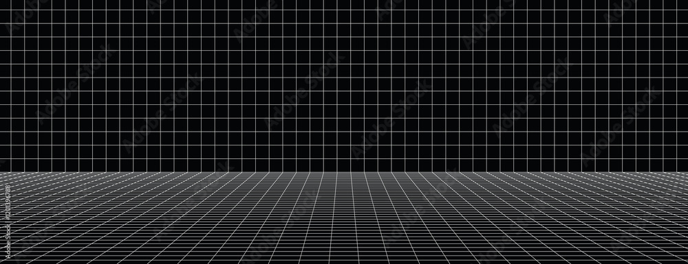 A black grid background with a black color, featuring a 3D perspective. The background has a sleek, modern texture with black lines. Grid pattern background vector. Black background.