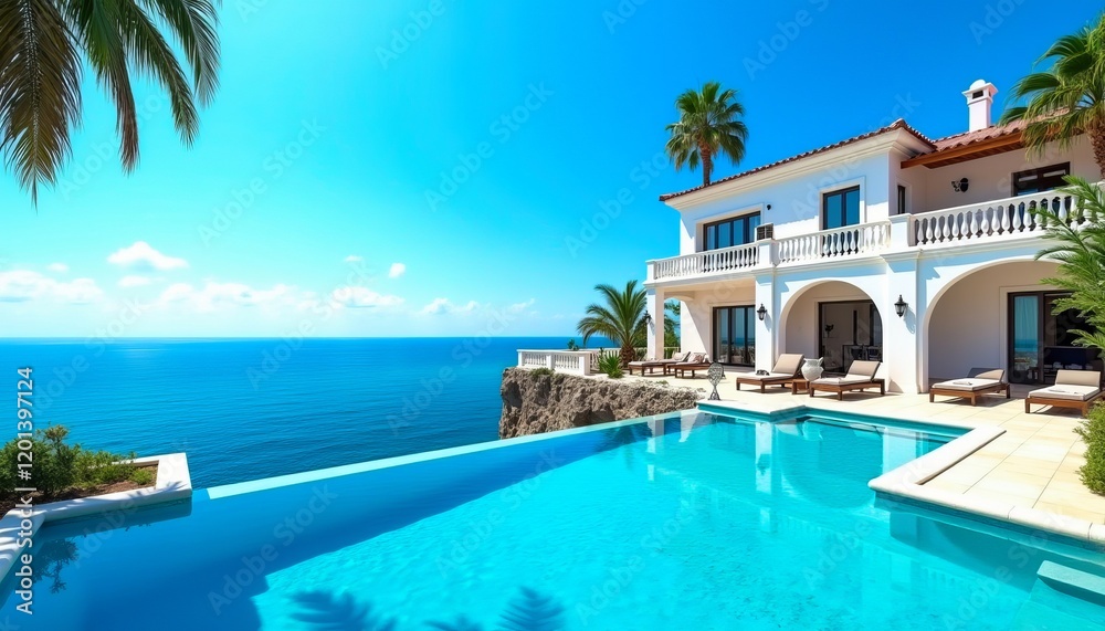 Fototapeta premium Luxury beachfront villa with infinity pool overlooking the ocean. Stunning views and tranquil atmosphere.