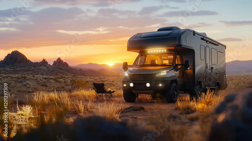 Modern RV illuminated in the desert at golden dusk