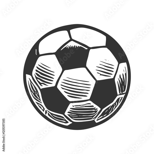 classic hexagonal-patterned soccer ball, showcasing simple yet detailed line work for sports enthusiasts sketch engraving generative ai vector illustration. Scratch board. Black and white image.