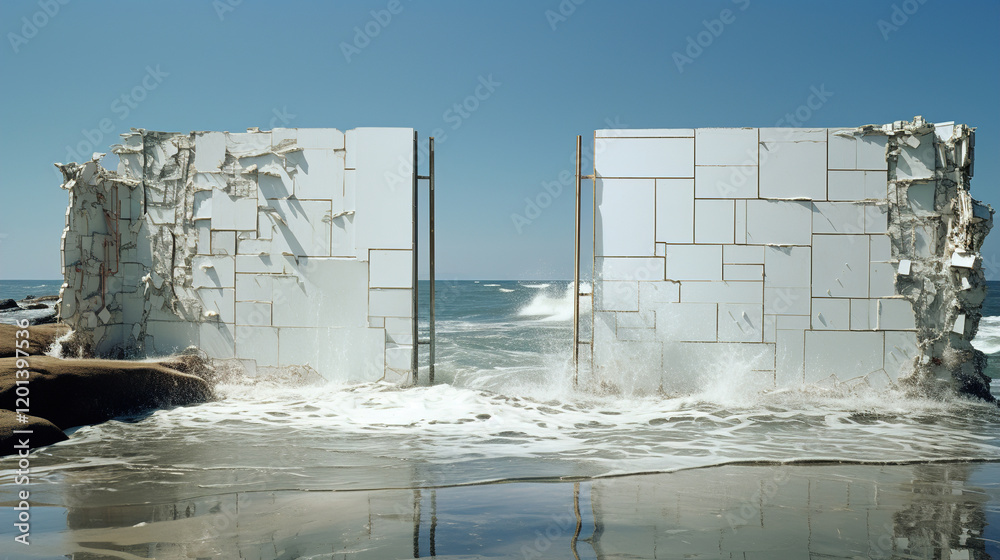 Obraz premium Coastal Ruins: White Structures by the Sea