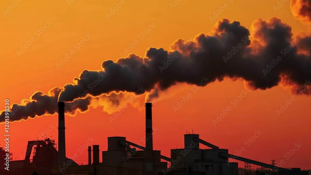 Industrial chimney emissions against vibrant sunset sky highlighting air pollution concerns Industrial chimney emissions against vibrant sunset sky highlighting air pollution concerns