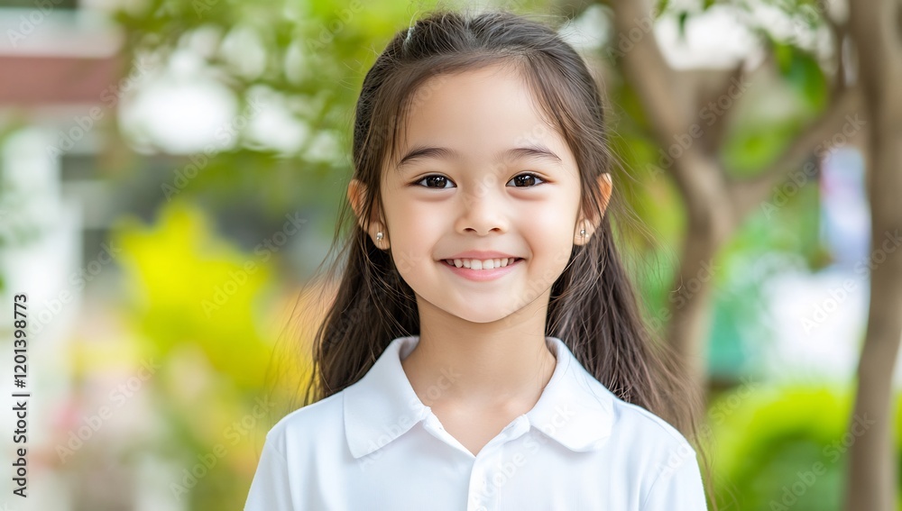 Happy girl smiling outdoors, green background, portrait Happy girl smiling outdoors, green background, portrait