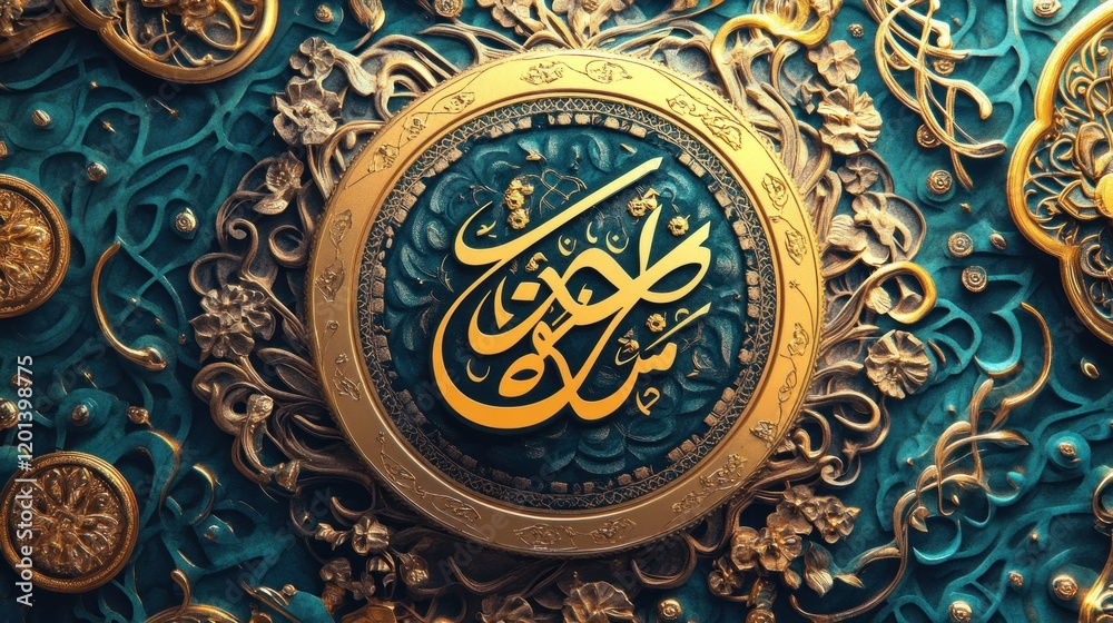 Ornate Gold Calligraphy on Teal Background Ornate Gold Calligraphy on Teal Background