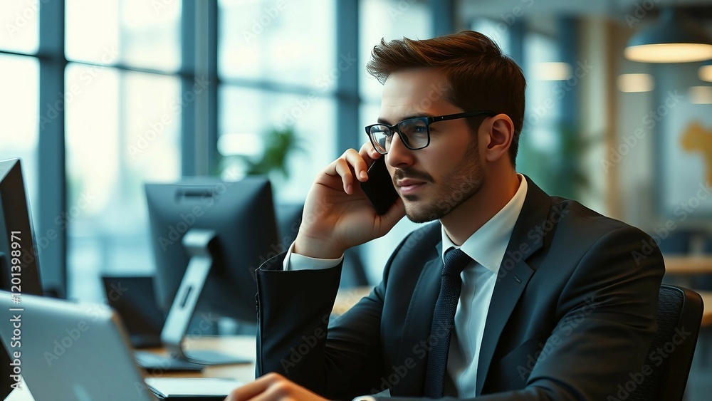 Young business man talking on a mobile phone in his workplace Young business man talking on a mobile phone in his workplace