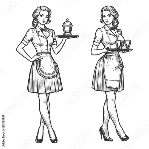 waitresses in aprons, holding trays with drinks and desserts, showcasing retro diner aesthetics sketch engraving generative ai vector illustration. Scratch board imitation. Black and white image.