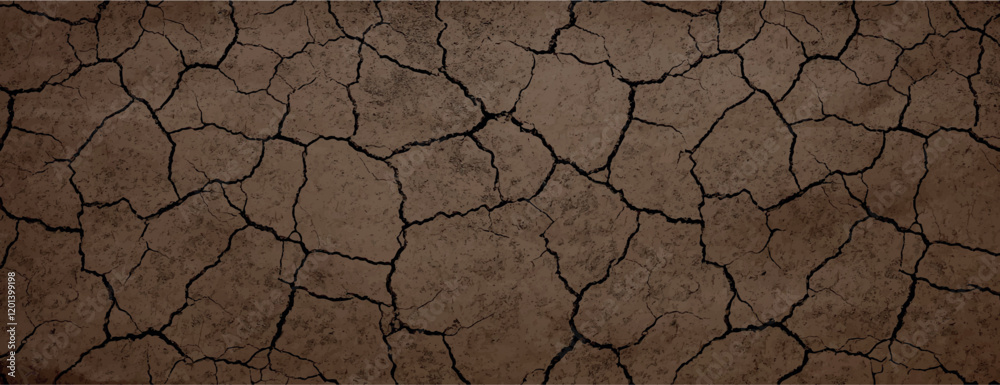 Brown cracked earth background, rustic. The background features a brown, textured, dry soil pattern, emphasizing a natural, earthy look. Dry cracked soil texture background. Brown background vector.