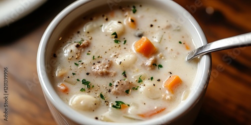 Creamy Vegetable Soup with Dumplings: A Delicious and Appetizing Dish photo