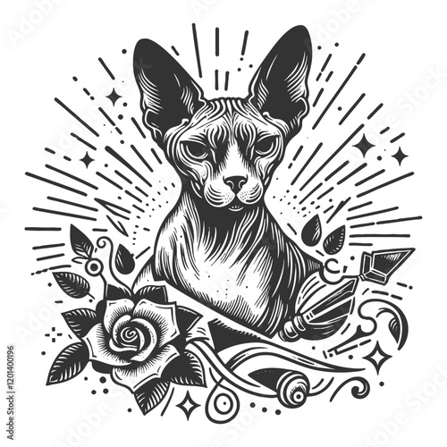 Sphynx cat surrounded by roses, mystical symbols, and radiant lines, blending elegance and mystery sketch engraving generative ai vector illustration. Scratch board imitation. Black and white image.