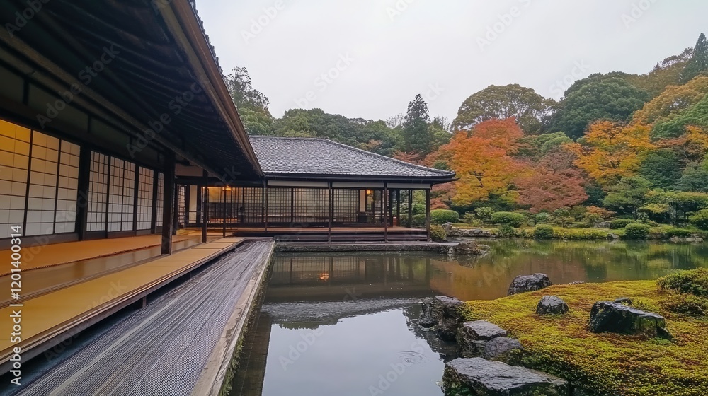 Fototapeta premium Tranquil Japanese Garden House Autumn Landscape
