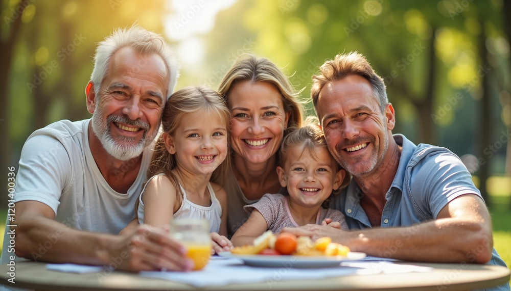 Smiling multi-generational family enjoying picnic in the park, togetherness Smiling multi-generational family enjoying picnic in the park, togetherness