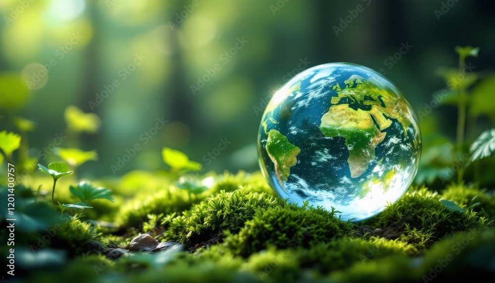 Earth Globe Rests on Lush Green Moss, Evoking Environmental Harmony