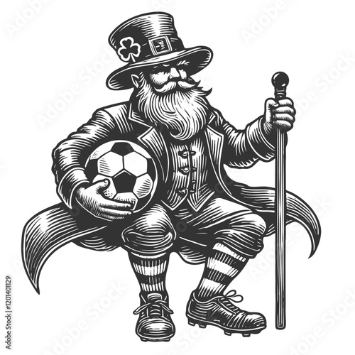 leprechaun with a soccer ball, smoking a pipe, holding a cane, and surrounded by shamrocks sketch engraving generative ai vector illustration. Scratch board imitation. Black and white image.