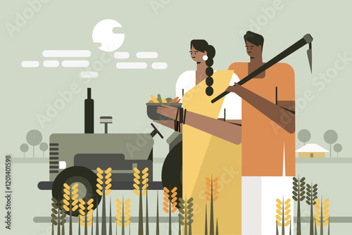 Illustration of an Indian farmer and his wife standing in front of a tractor