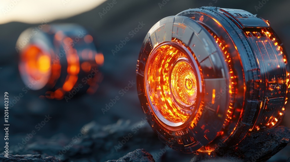 Obraz premium Glowing Futuristic Spheres on Volcanic Landscape
