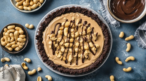 Hyper-quality professionnal photography, ultra detailed, Peanut Butter Pie with creamy peanut butter filling and a chocolate crust, styled on a rustic blue surface, rich and nutty high resolution