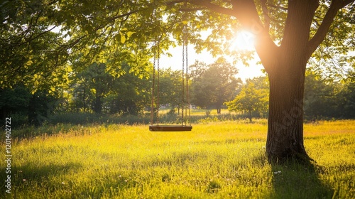 Wooden Swing Hanging from Tree at Golden Hour in Meadow