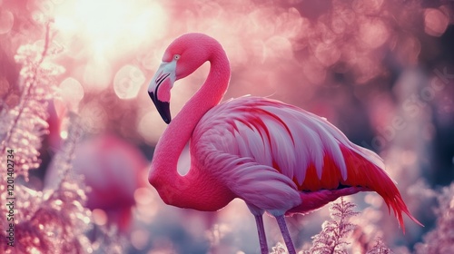 Elegant pink flamingo stands gracefully with a soft bokeh background at sunset