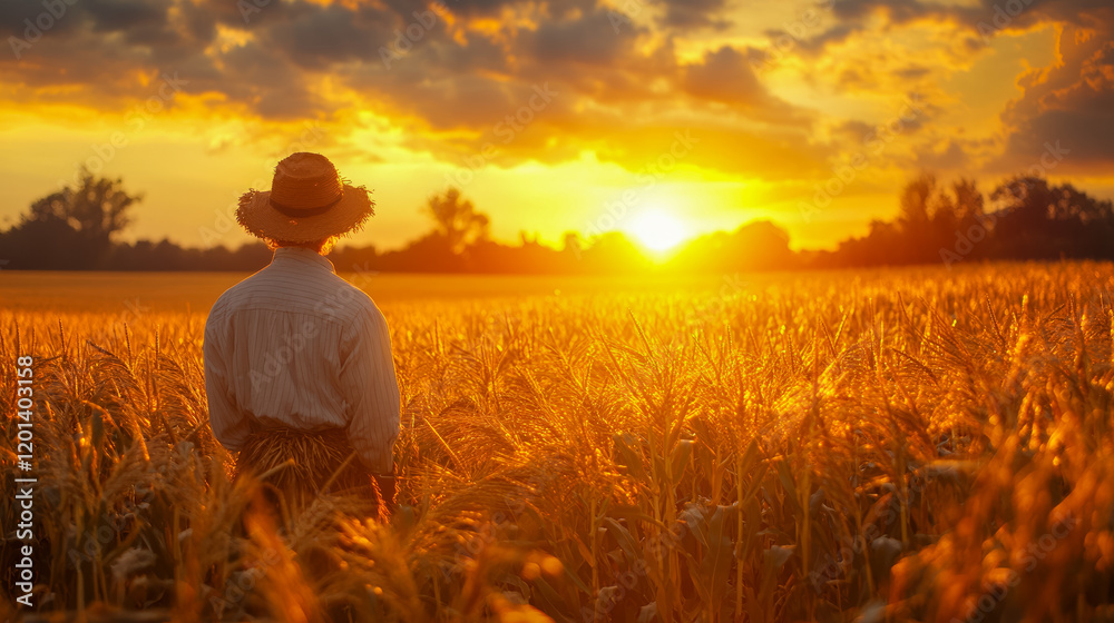 Fototapeta premium Scarecrow in cornfield, golden sunset, rural landscape, farm scene, agricultural setting, perfect for autumn, harvest and nature themes.