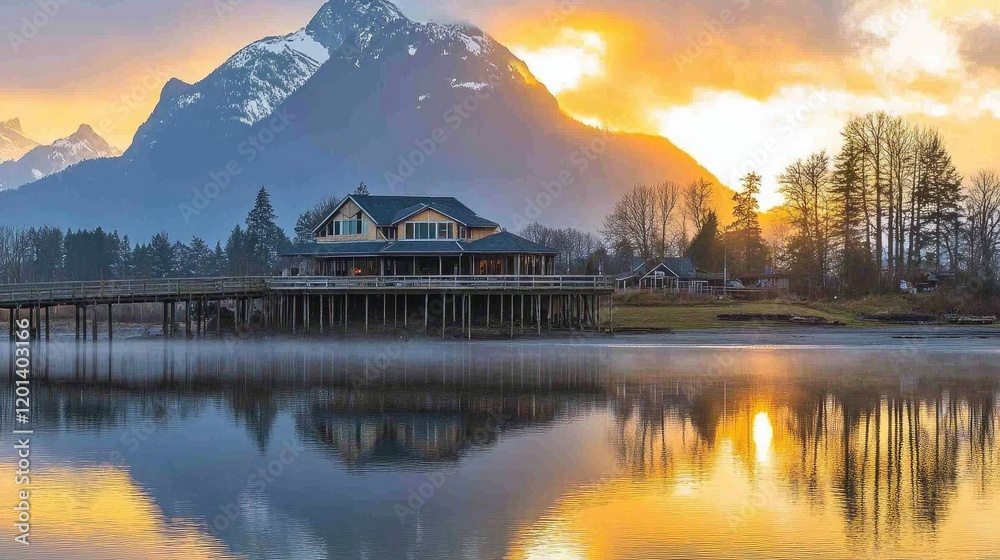 Obraz premium Sunrise over lake, house on stilts, mountains.
