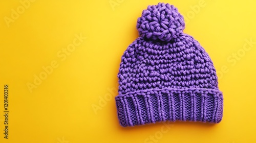 A moderate comfortable lavender crochet hat over a gentle yellow background photo