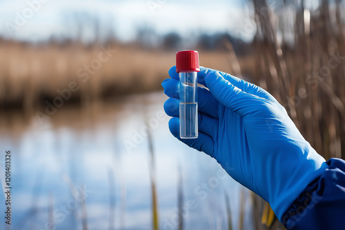 A gloved hand holds a sample vial of yellowish liquid collected from a river. The blurry background shows a tranquil waterway and reeds, suggesting environmental testing.