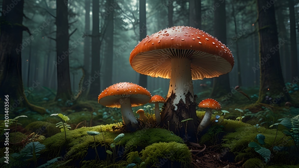Fototapeta premium Enchanted Forest with Giant Mushrooms and Magical Sunlit Path V2