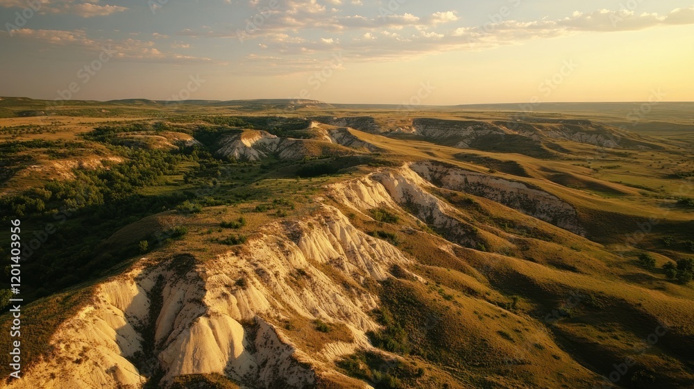 Scenic Landscape with rolling hills and chalk cliffs at golden hour with clear sky Scenic Landscape with rolling hills and chalk cliffs at golden hour with clear sky
