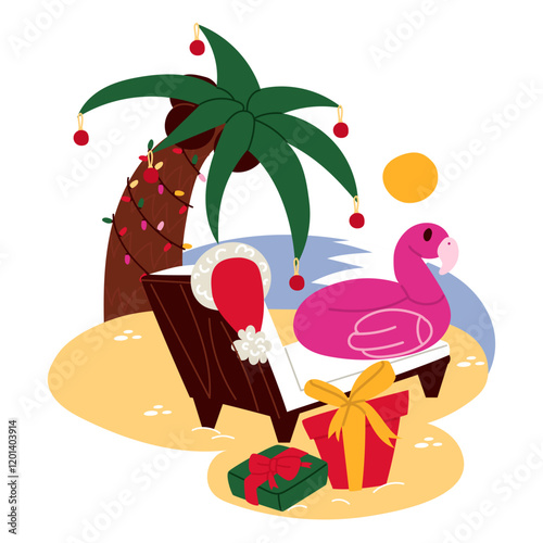 tropical Christmas. Christmas palm tree chaise longue, garland. Inflatable flamingo on a chaise longue. Santa's gifts under the palm tree. Festive garland on a palm tree. illustration is in a flat sty