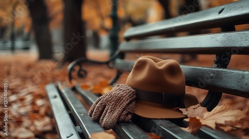 A pair of gloves and a hat placed on a bench with a cozy autumn vibe