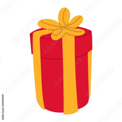 gift box with a bow on top. geometric shape is transformed into a red elongated box with a yellow ribbon, tied in a bow with five loops. Isolated on white. holiday gift. New Year, Christmas, Birthday