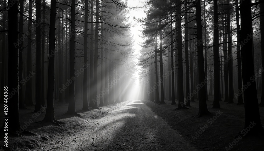 Naklejka premium Sunbeams pierce a misty forest path, creating a dramatic, ethereal scene. Tall trees line a gravel road leading into the light.