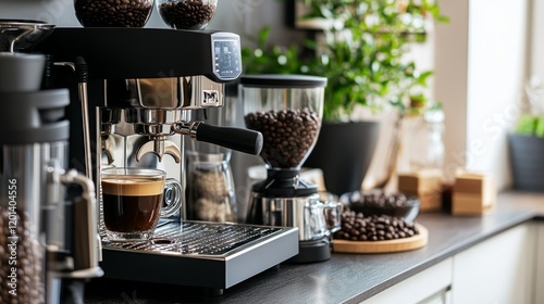 Wallpaper Mural A modern coffee station with an espresso machine and a variety of coffee beans, symbolizing gourmet coffee culture at home, Coffee culture scene Torontodigital.ca