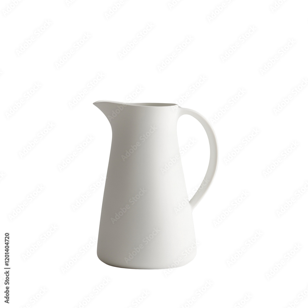 A single white ceramic pitcher sits on a white surface A single white ceramic pitcher sits on a white surface