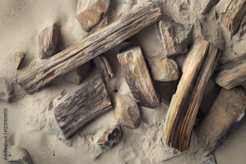 Driftwood scattered along a sandy beach, weathered by the sea and wind
