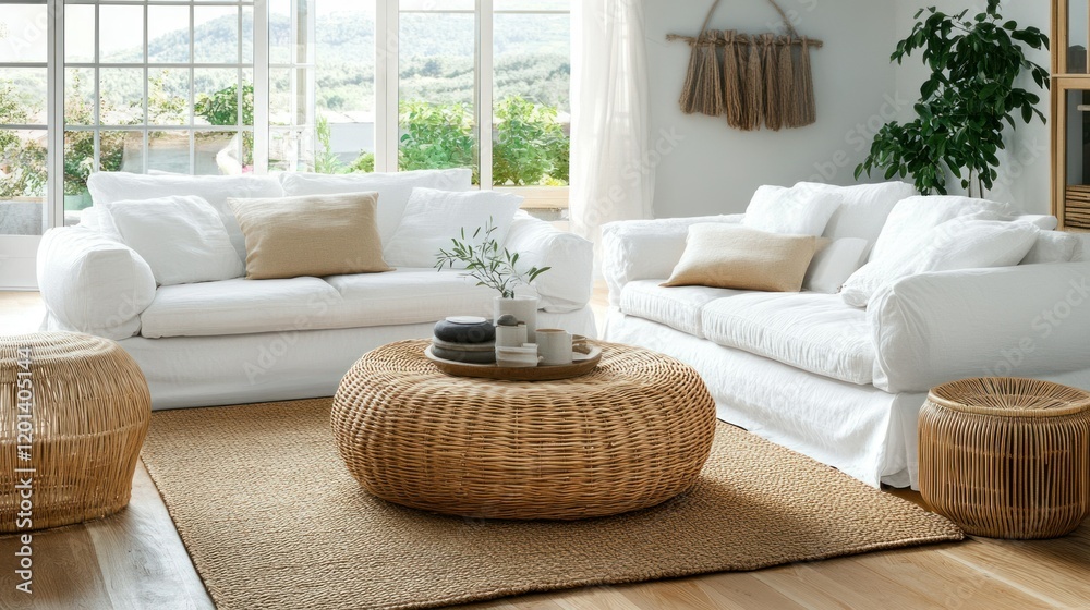 A Scandinavian-style living room featuring white sofas, a natural rattan table, and a minimalist soft carpet on wooden floors A Scandinavian-style living room featuring white sofas, a natural rattan table, and a minimalist soft carpet on wooden floors
